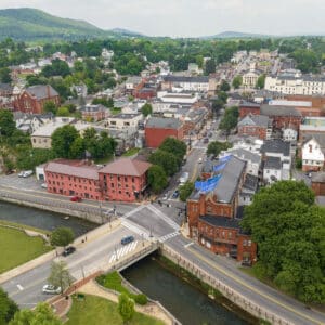 Downtown Victorian city, aerial view, buildings