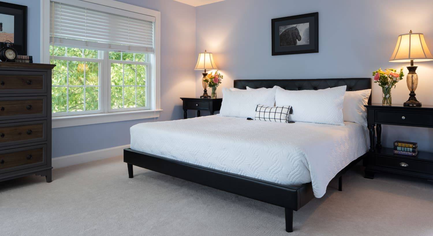 Bedroom with light blue walls, carpeting, black upholstered bed, white bedding, black nightstands with lamps, and black dresser